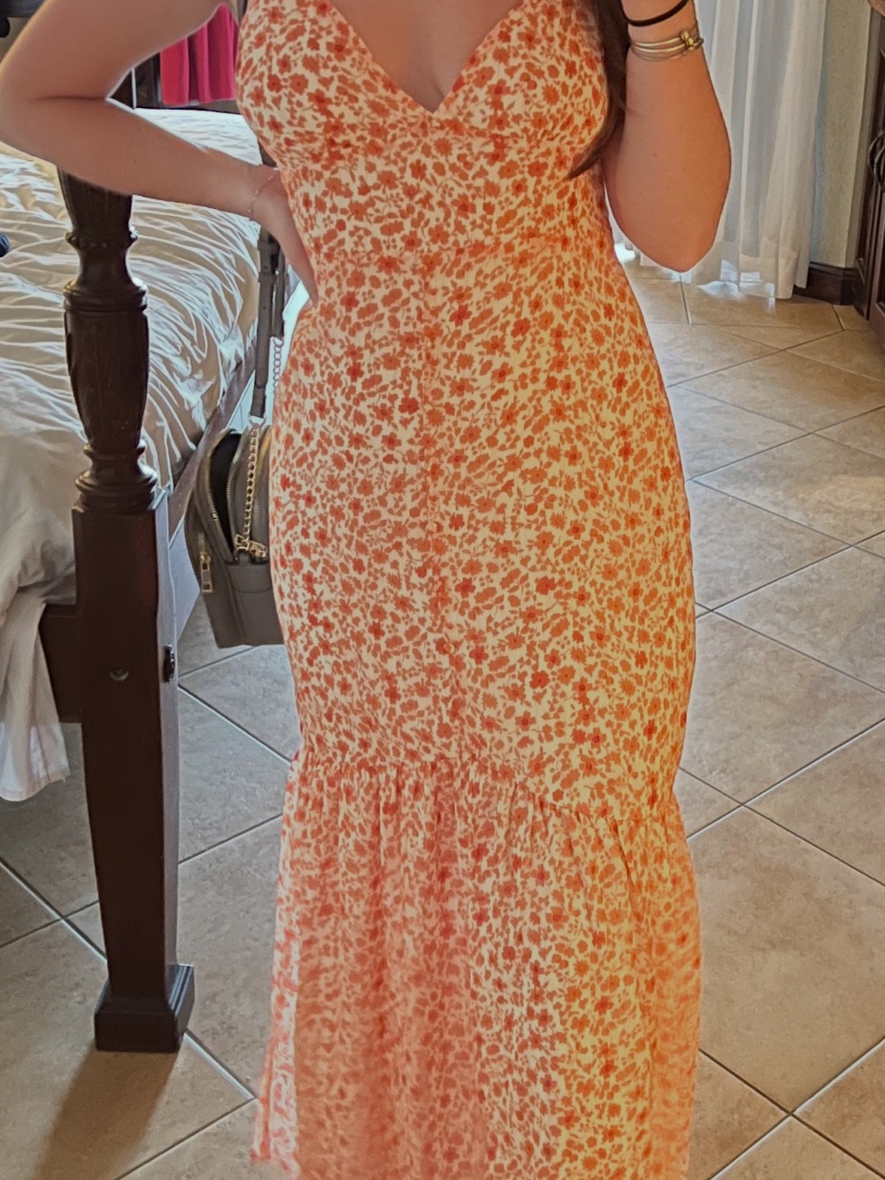Lulu's Orange and Cream Floral V-Neck Maxi Dress